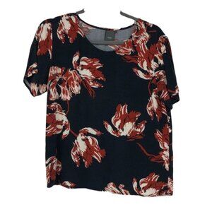 Ichi dark navy blue  red floral print scoop neck t-shirt Med